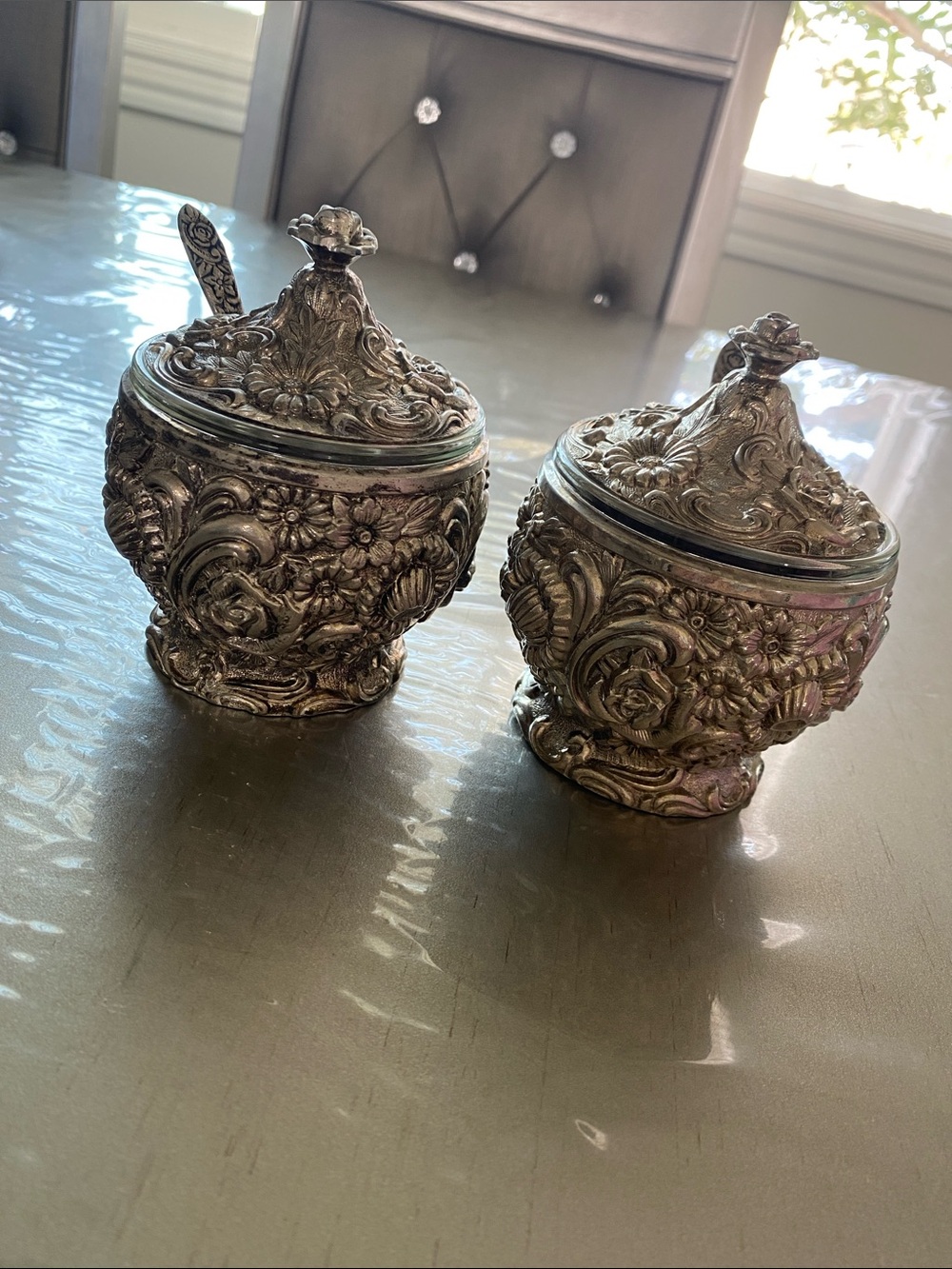Ornate Floral Silver Candy/Jam Pots with Lids and Spoon